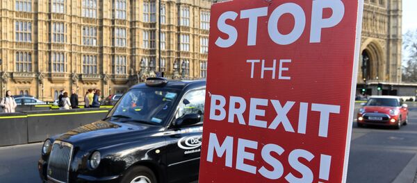 Плакат протестующих против Brexit около здания британского парламента, 25 марта 2019 года - Sputnik Литва