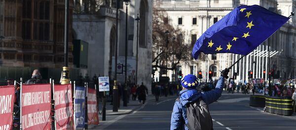 Участница акции протеста против Brexit с флагами ЕС около парламента Британии, 25 марта 2019 года - Sputnik Литва