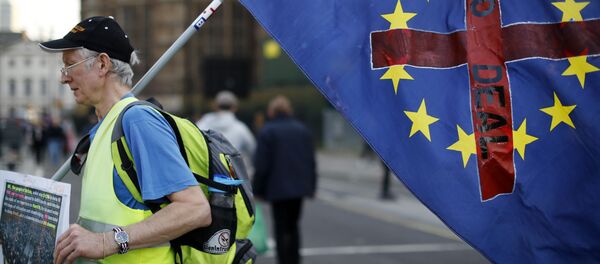 Демонстрант с флагом возле парламента в центре Лондона 29 марта 2019 года Демонстрант с флагом возле парламента в центре Лондона 29 марта 2019 года - Sputnik Литва