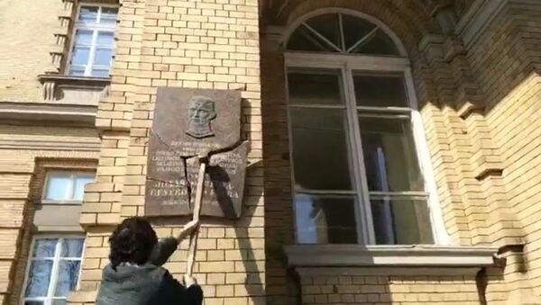 Адвокат Станисловас Томас разбивает мемориальную табличку Норейке - Sputnik Литва