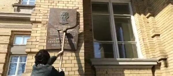 Адвокат Станисловас Томас разбивает мемориальную табличку Норейке Адвокат Станисловас Томас разбивает мемориальную табличку Норейке - Sputnik Литва