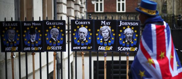 Участник акции простеста против Brexit в Лондоне, 2 апреля 2019 года Участник акции простеста против Brexit в Лондоне, 2 апреля 2019 года - Sputnik Литва