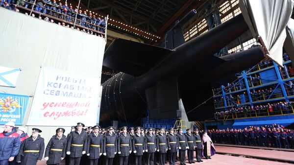 Спуск на воду атомной подводной лодки Белгород в Архангельской области  - Sputnik Lietuva