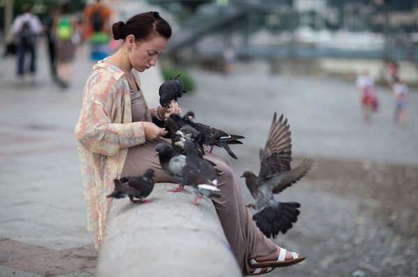 Девушка кормит голубей на набережной в Ялте - Sputnik Lietuva